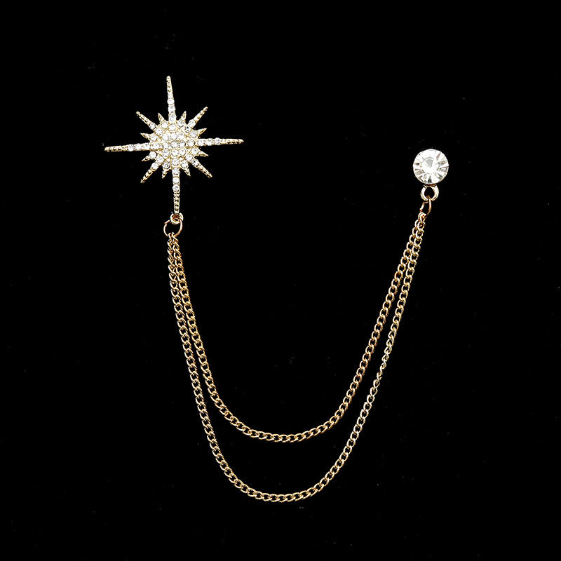 Men's Diamond Crown Star Brooch with Chain