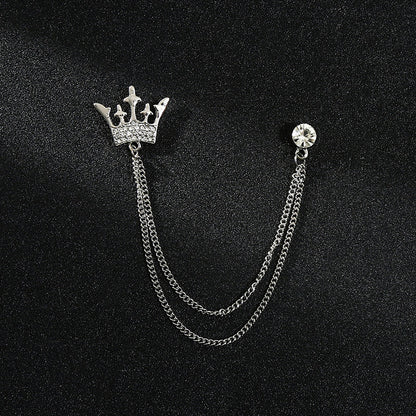 Men's Diamond Crown Star Brooch with Chain