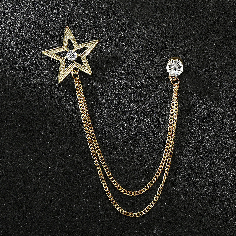 Men's Diamond Crown Star Brooch with Chain