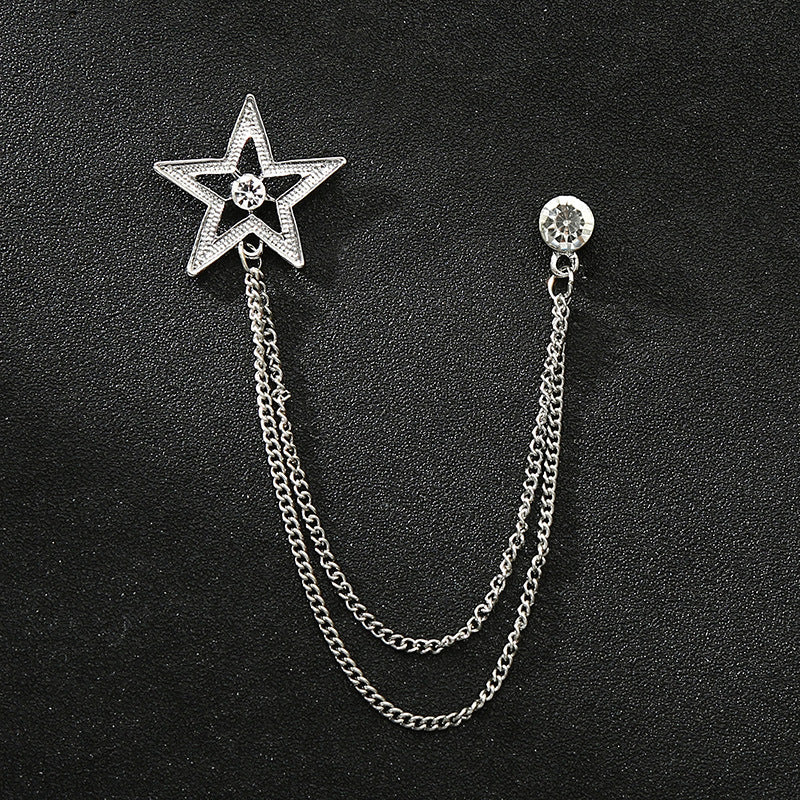 Men's Diamond Crown Star Brooch with Chain