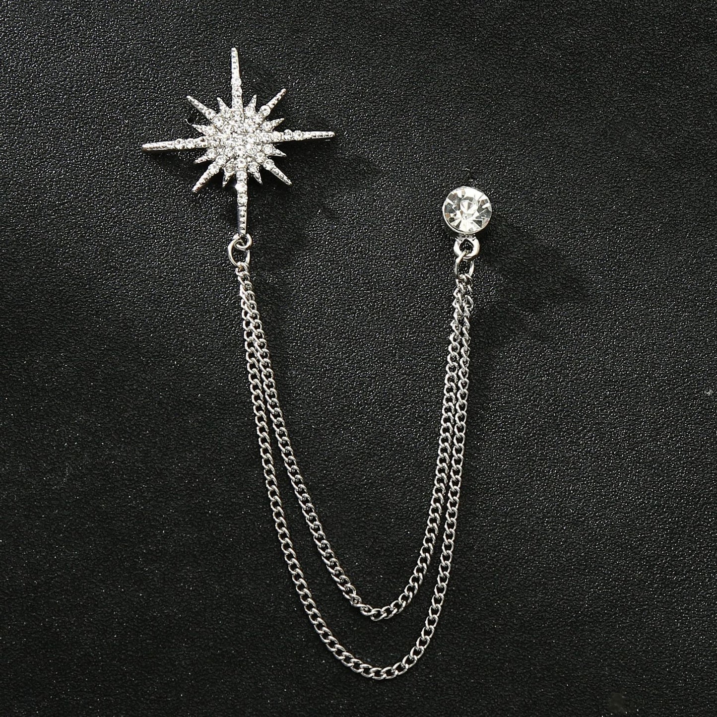 Men's Diamond Crown Star Brooch with Chain