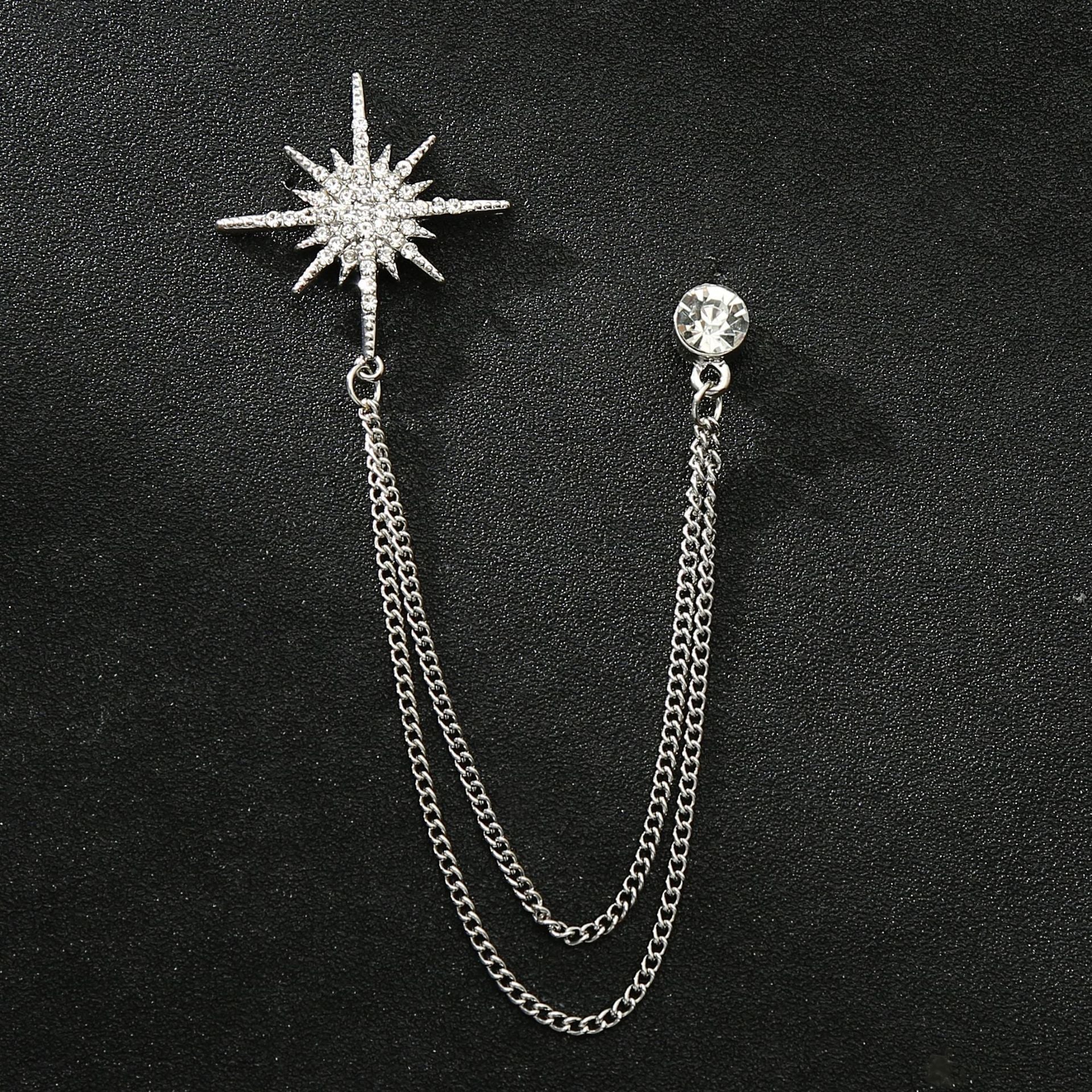 Men's Diamond Crown Star Brooch with Chain