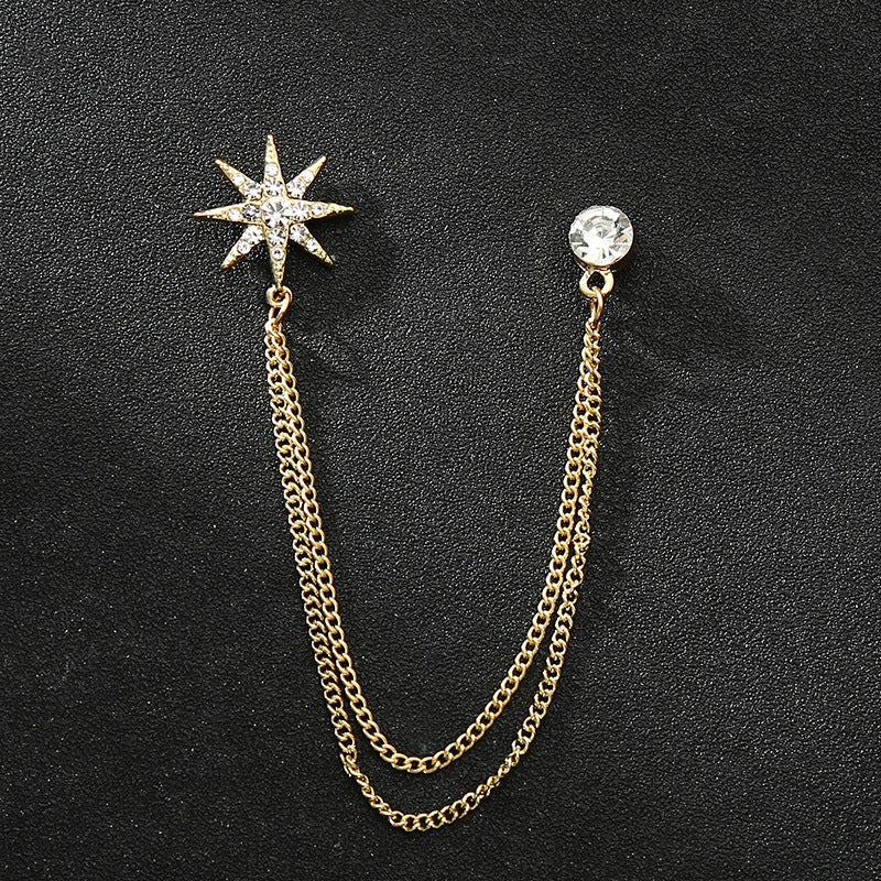 Men's Diamond Crown Star Brooch with Chain