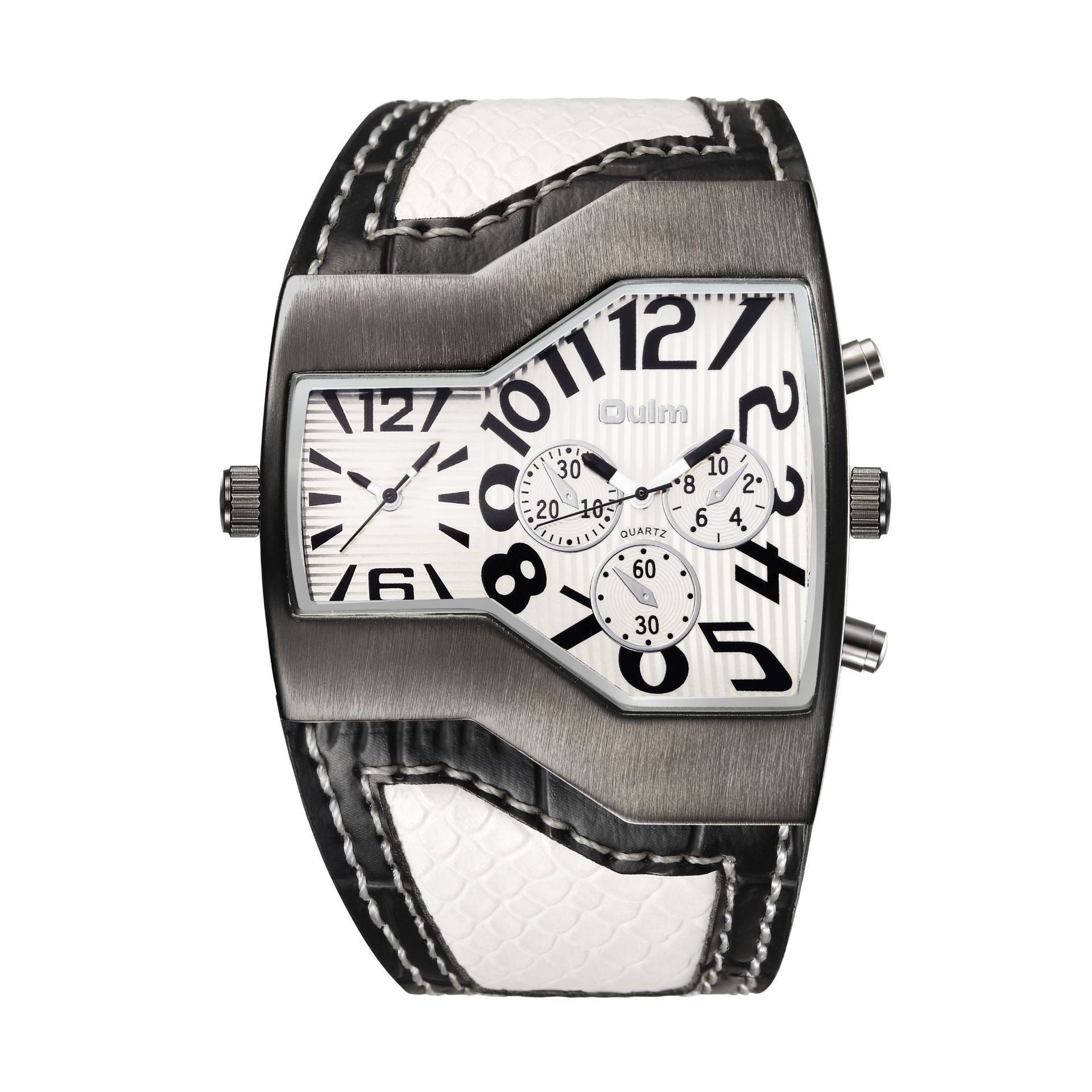 Men's Dual Time Quartz Watch with Leather Strap