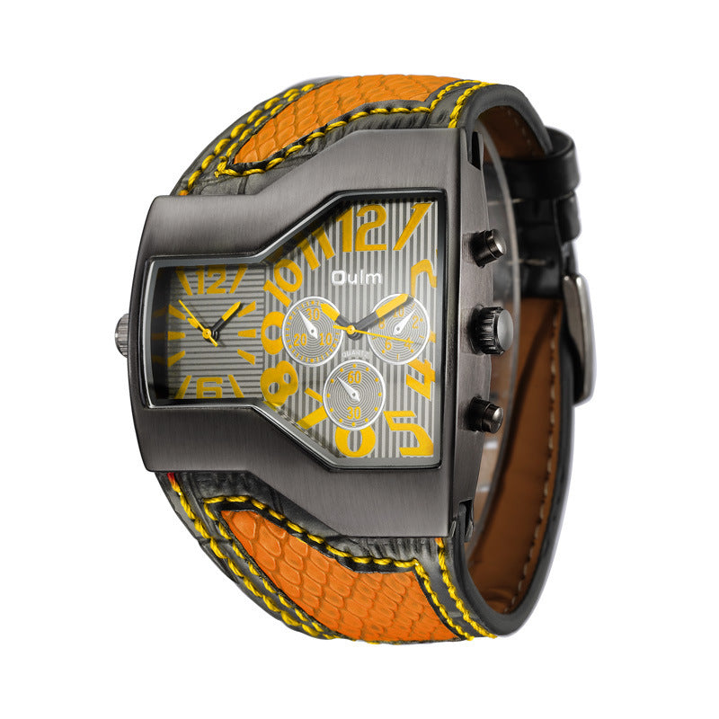 Men's Dual Time Quartz Watch with Leather Strap