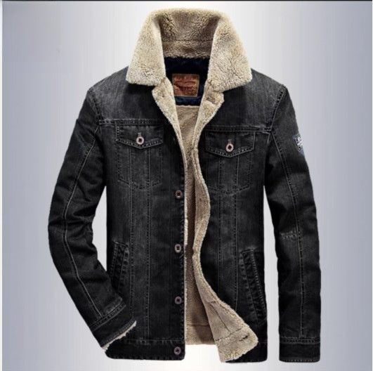 Men's Fleece-Lined Denim Jacket Winter Casual Loose Fit