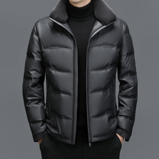 Men's Fleece-Lined Sheepskin Down Jacket with Stand Collar
