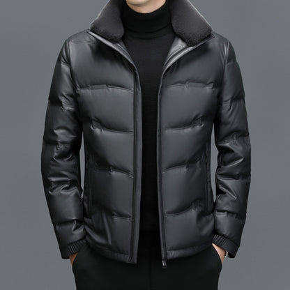 Men's Fleece-Lined Sheepskin Down Jacket with Stand Collar