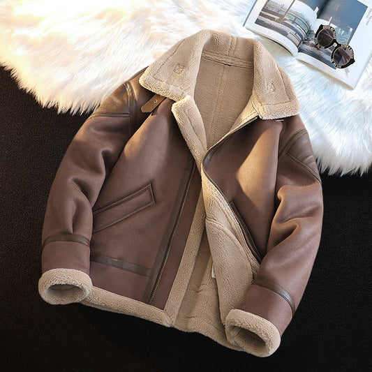 Men's Fleece-Lined Suede Jacket Winter Warm Retro Coat