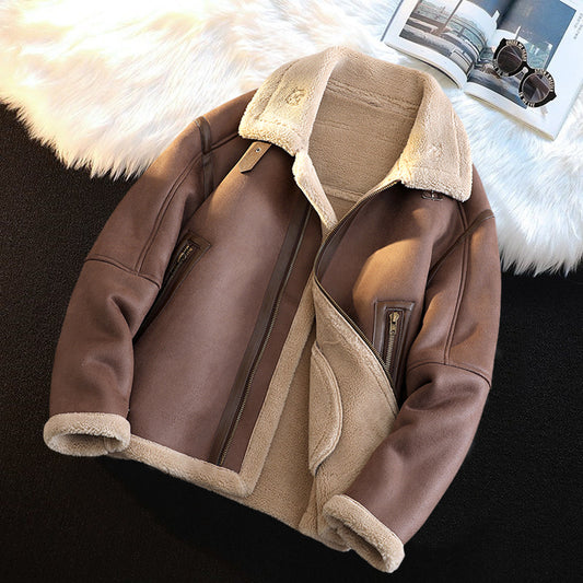 Men's Fleece-Lined Suede Jacket Winter Warm Retro Coat