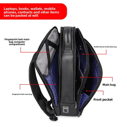 Men's Genuine Leather Business Backpack with Fingerprint Lock