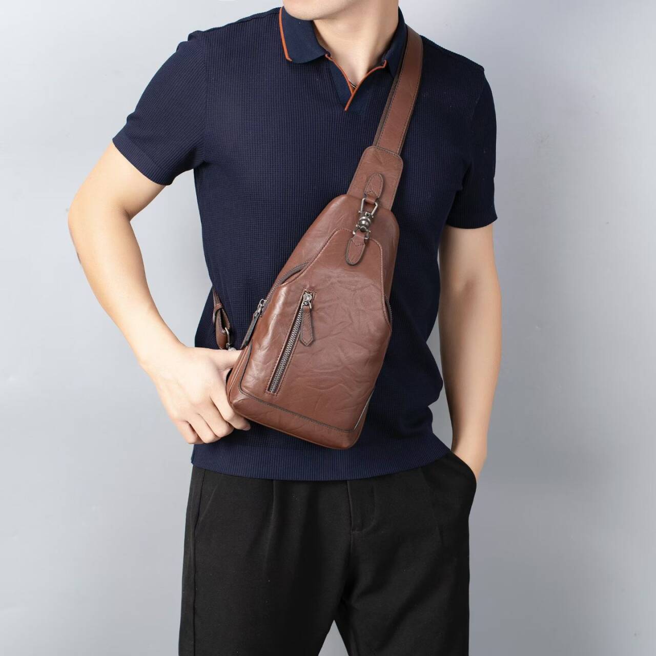 Men's Genuine Leather Crossbody Chest Bag with Lock