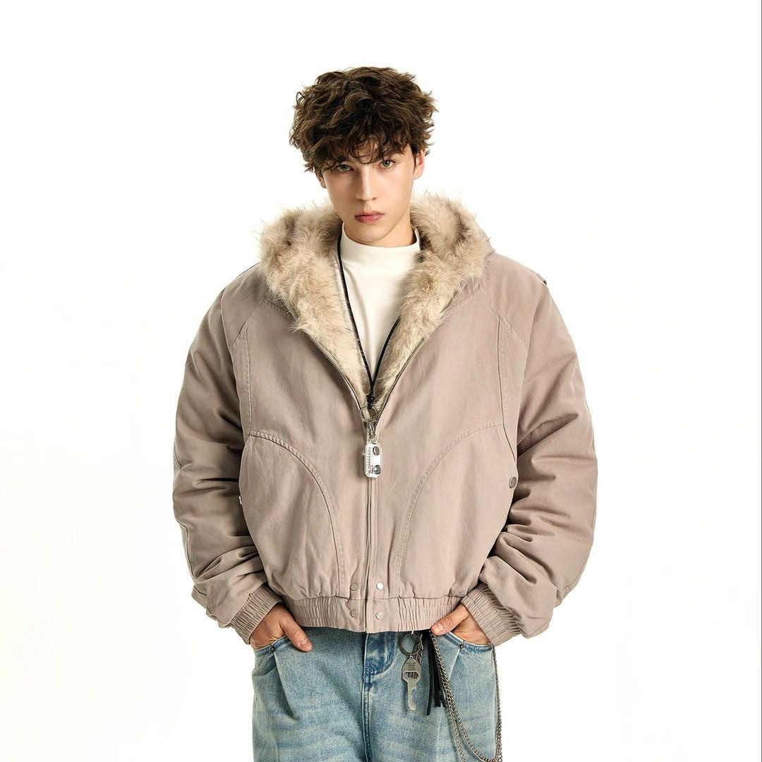 Men's Hooded Fur Collar Cotton Jacket Winter Warm Loose Fit