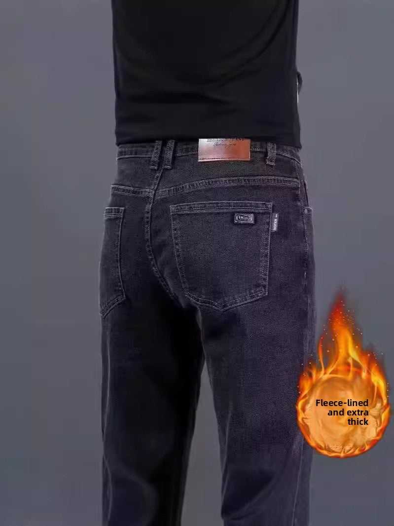 Men's jeans with fleece lining and thickened fabric