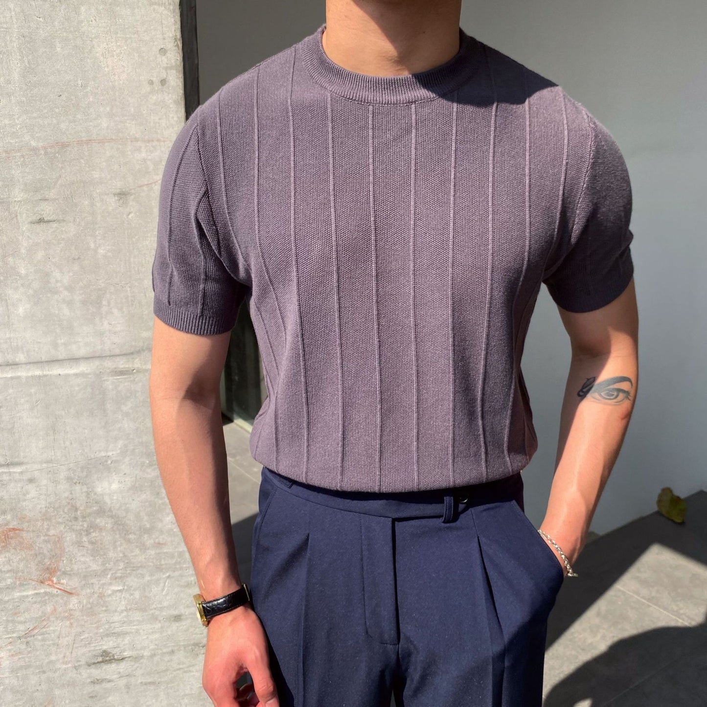 Men's Knitted Round Neck Short Sleeve T-shirt