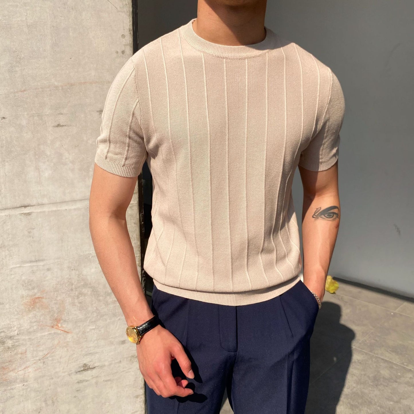 Men's Knitted Round Neck Short Sleeve T-shirt