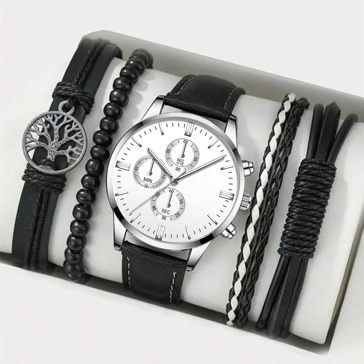 Men's leather strap wristwatch set