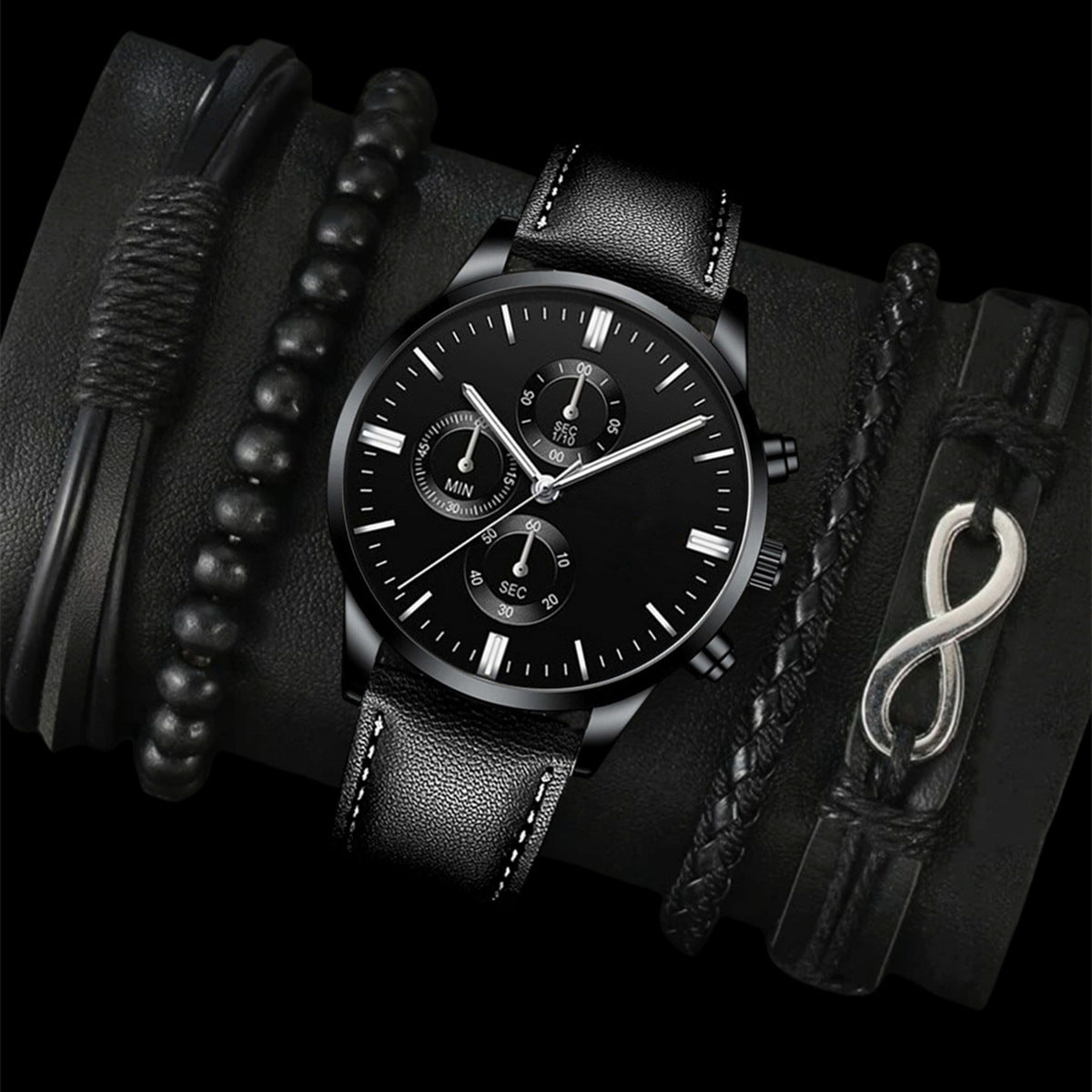 Men's leather strap wristwatch set