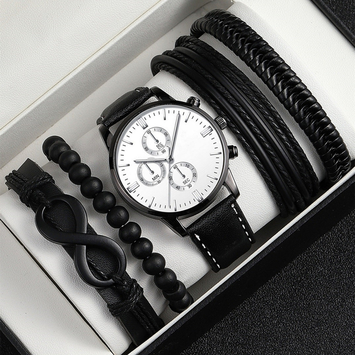Men's leather strap wristwatch set