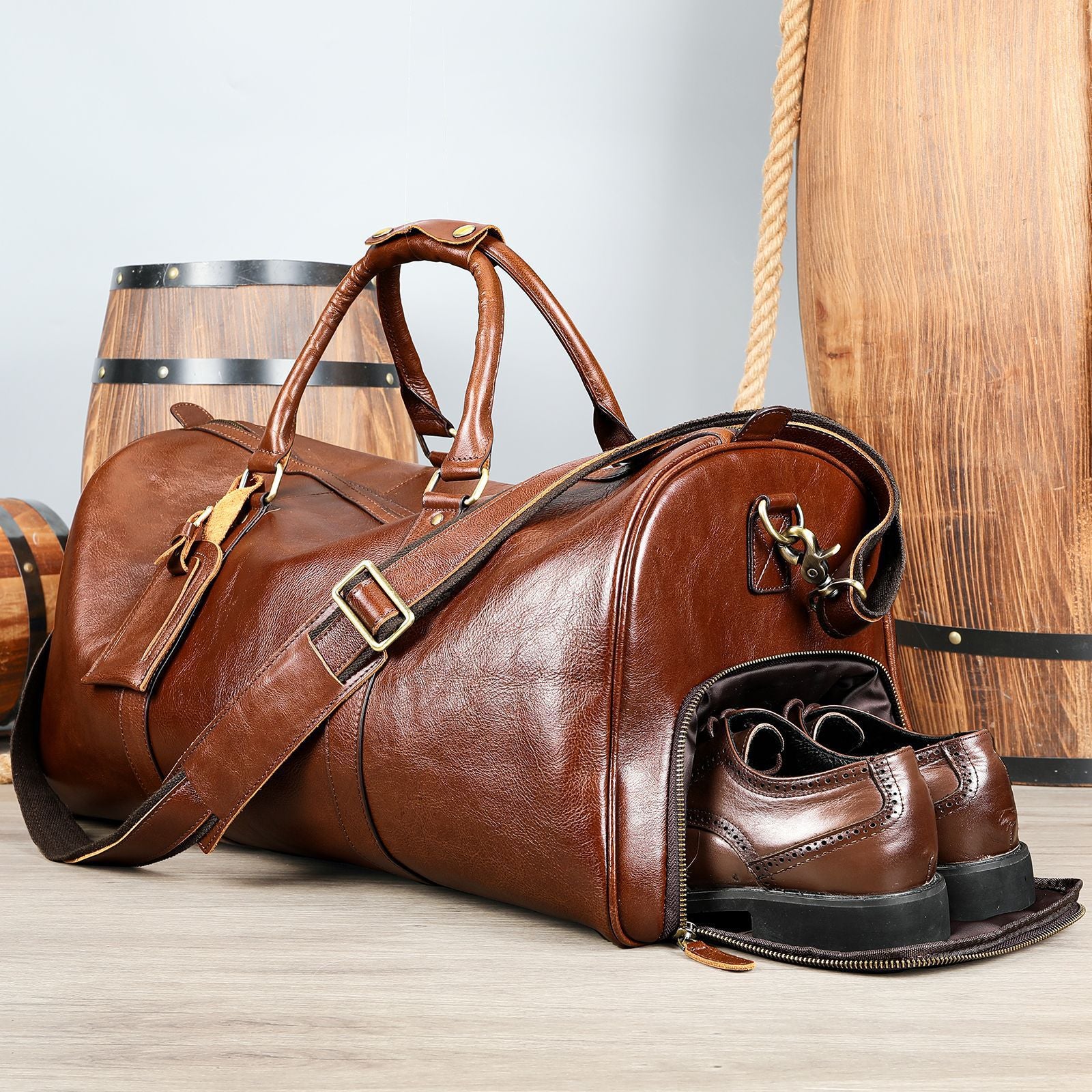 Men's Leather Travel Bag Large Capacity Cowhide Duffle Bag