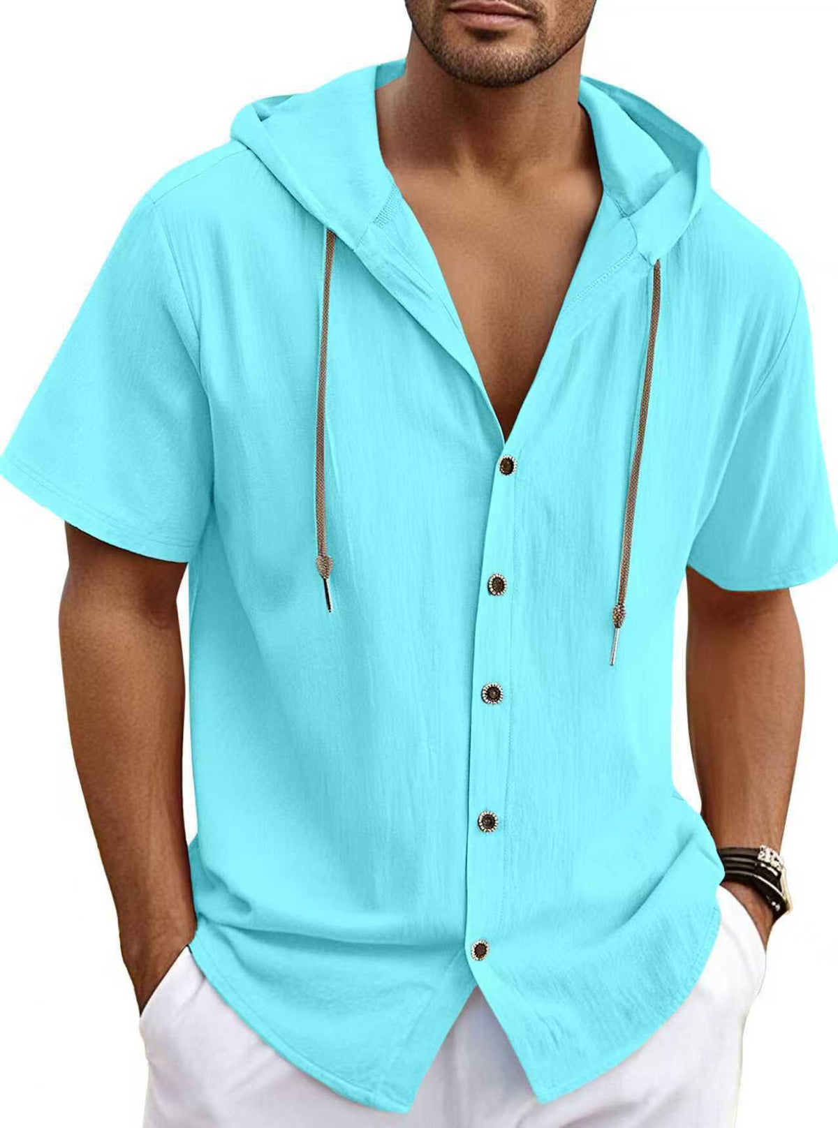 Men's Linen Blend Casual Hooded Shirt