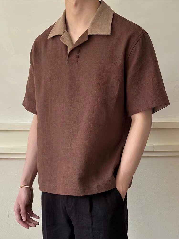 Men's Linen Blend Polo Collar Short Sleeve Shirt