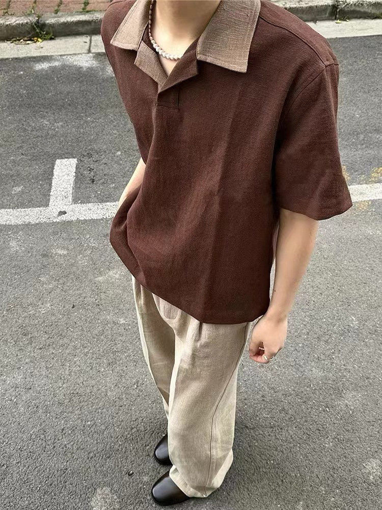 Men's Linen Blend Polo Collar Short Sleeve Shirt