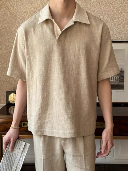 Men's Linen Blend Polo Collar Short Sleeve Shirt
