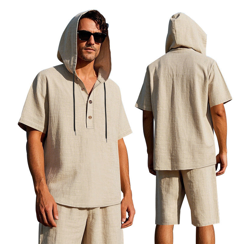 Men's Linen Hooded Shirt and Shorts