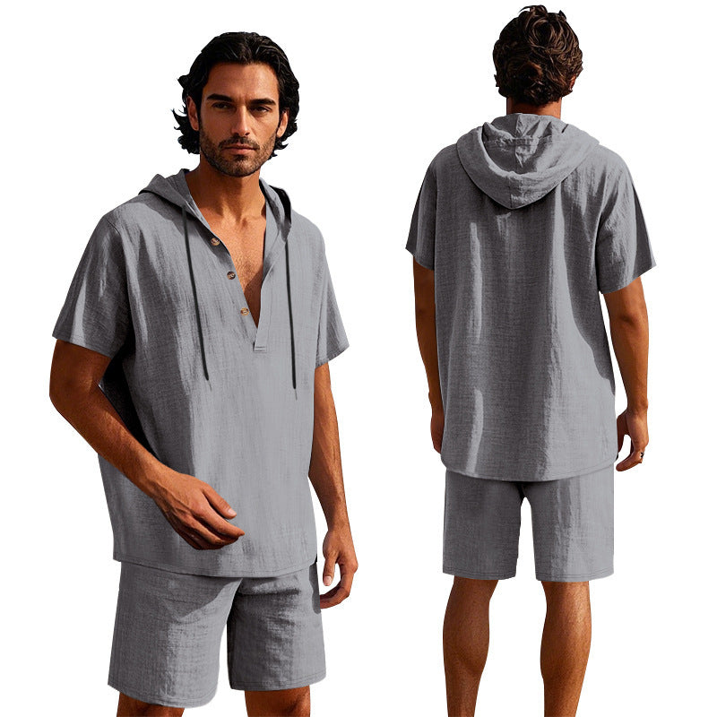 Men's Linen Hooded Shirt and Shorts