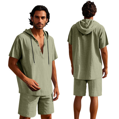 Men's Linen Hooded Shirt and Shorts