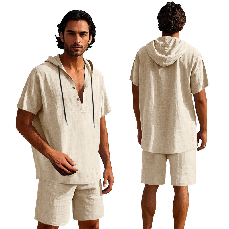 Men's Linen Hooded Shirt and Shorts