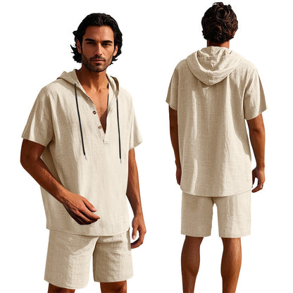 Men's Linen Hooded Shirt and Shorts