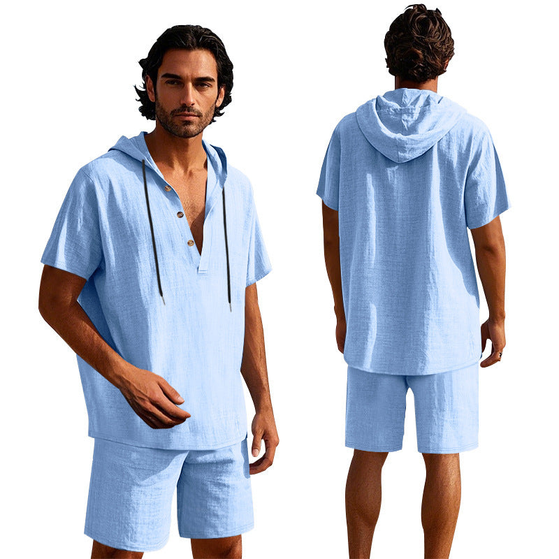 Men's Linen Hooded Shirt and Shorts