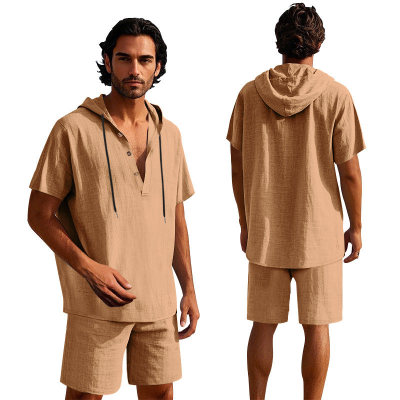 Men's Linen Hooded Shirt and Shorts