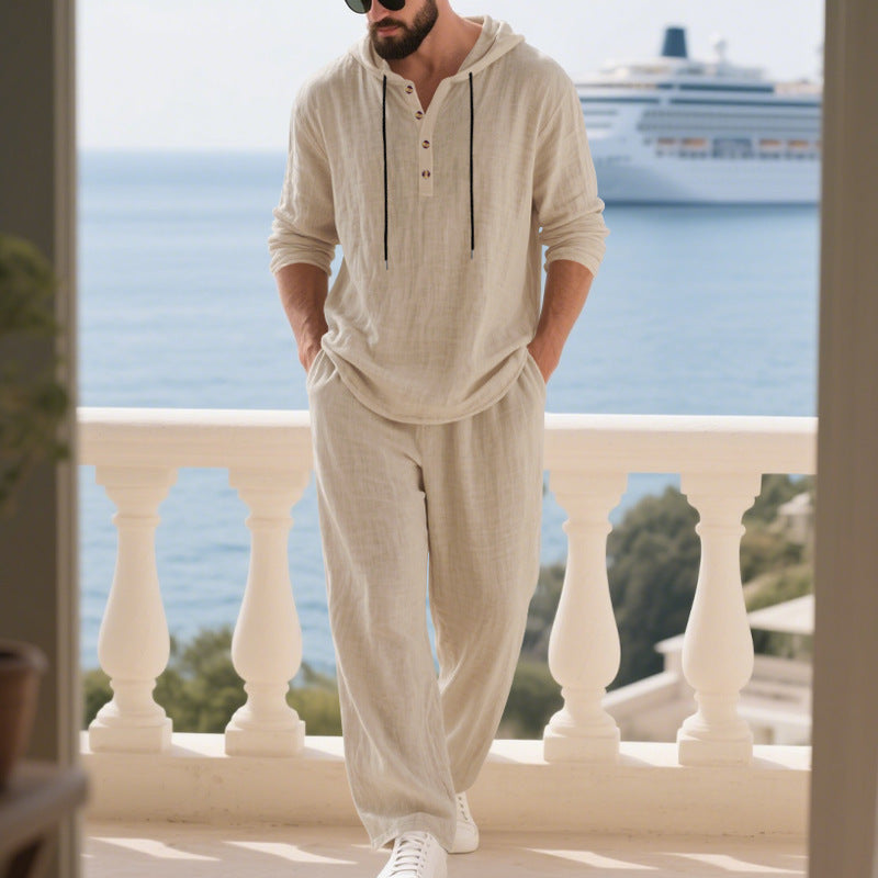 Men's Linen Hooded Sweatshirt and Pants Set