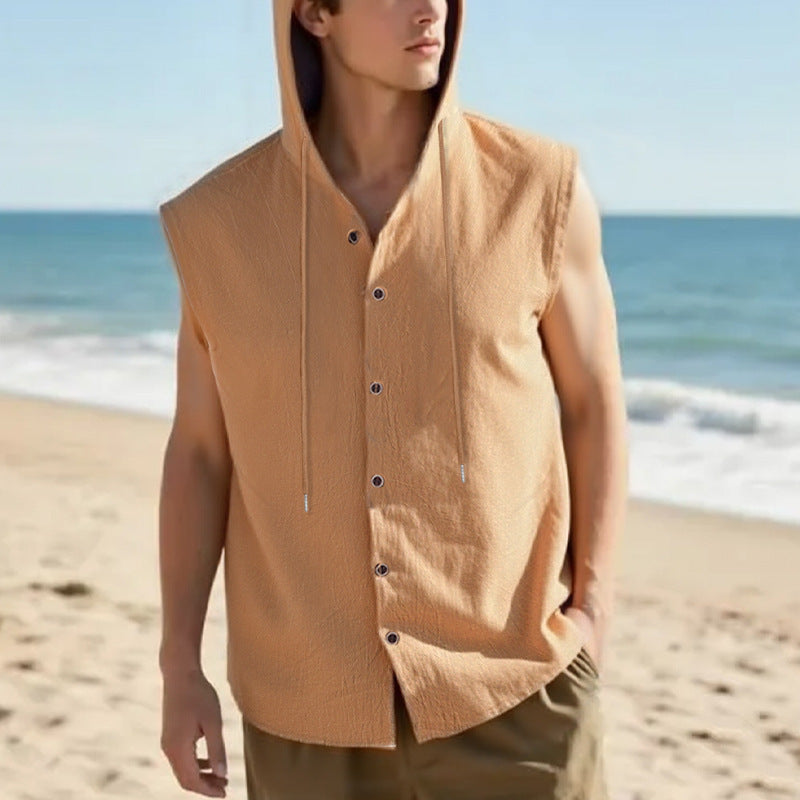 Men's Linen Hooded Vest Sleeveless Casual