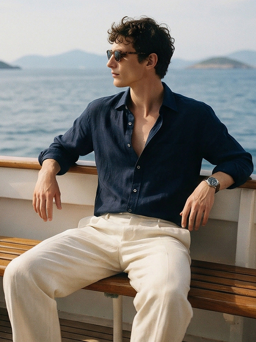 Men's Linen Long-Sleeved Shirt, Casual Breathable Button-Down Shirt, Beach Loose-Fitting Lazy Style Top