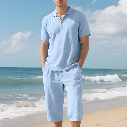 Men's Linen Polo Shirt and Short Pants Set
