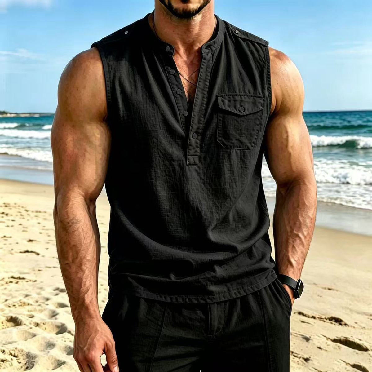 Men's Linen Sleeveless Vest with Henry Collar