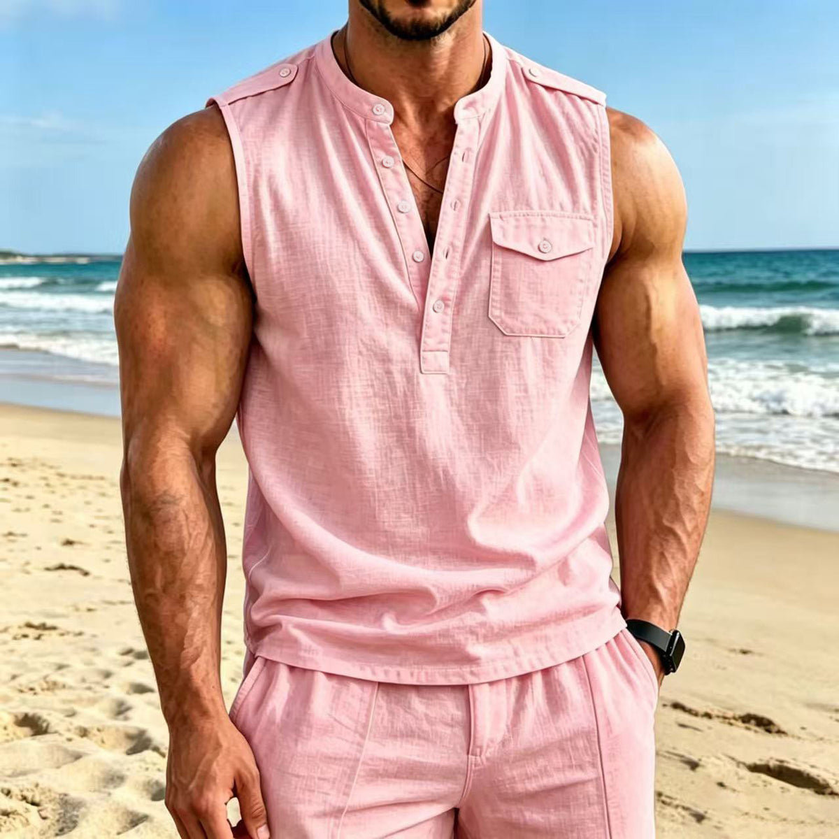 Men's Linen Sleeveless Vest with Henry Collar