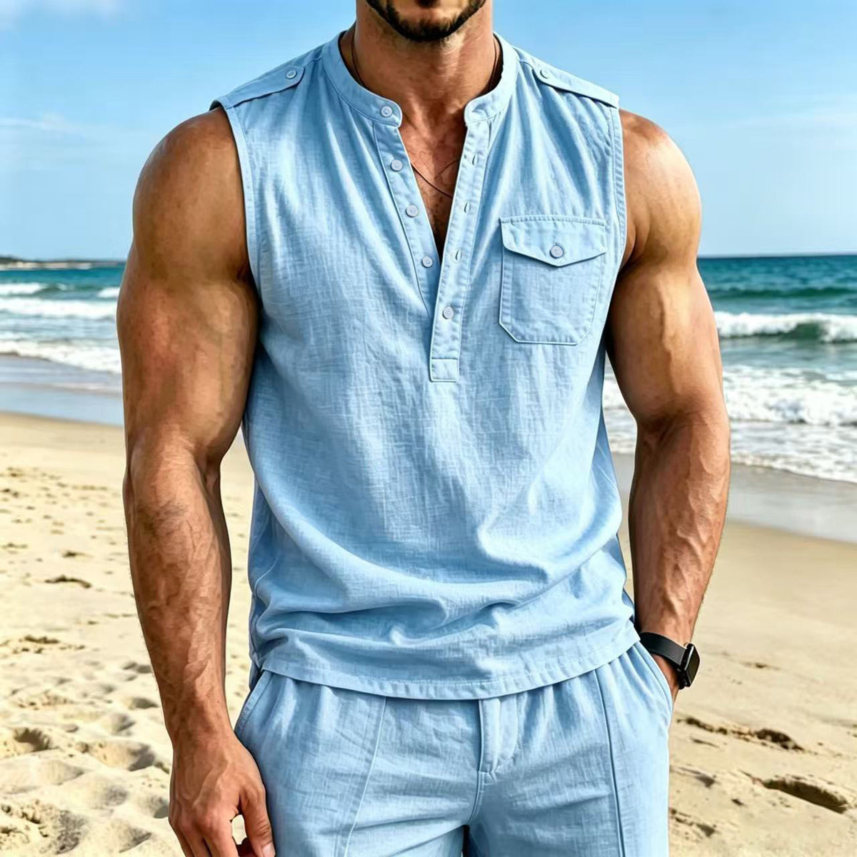 Men's Linen Sleeveless Vest with Henry Collar