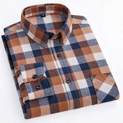 Men's Long-Sleeved Cotton Brushed Plaid Shirt