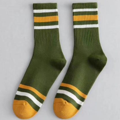 Men's Long Socks Trendy Three-Stripe Classic Striped Mid-Calf Socks for Men