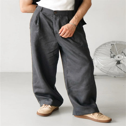 Men's Loose Linen Pleated High Waist Jogging Pants