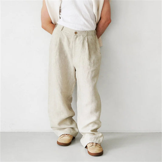 Men's Loose Linen Pleated High Waist Jogging Pants