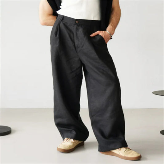 Men's Loose Linen Pleated High Waist Jogging Pants