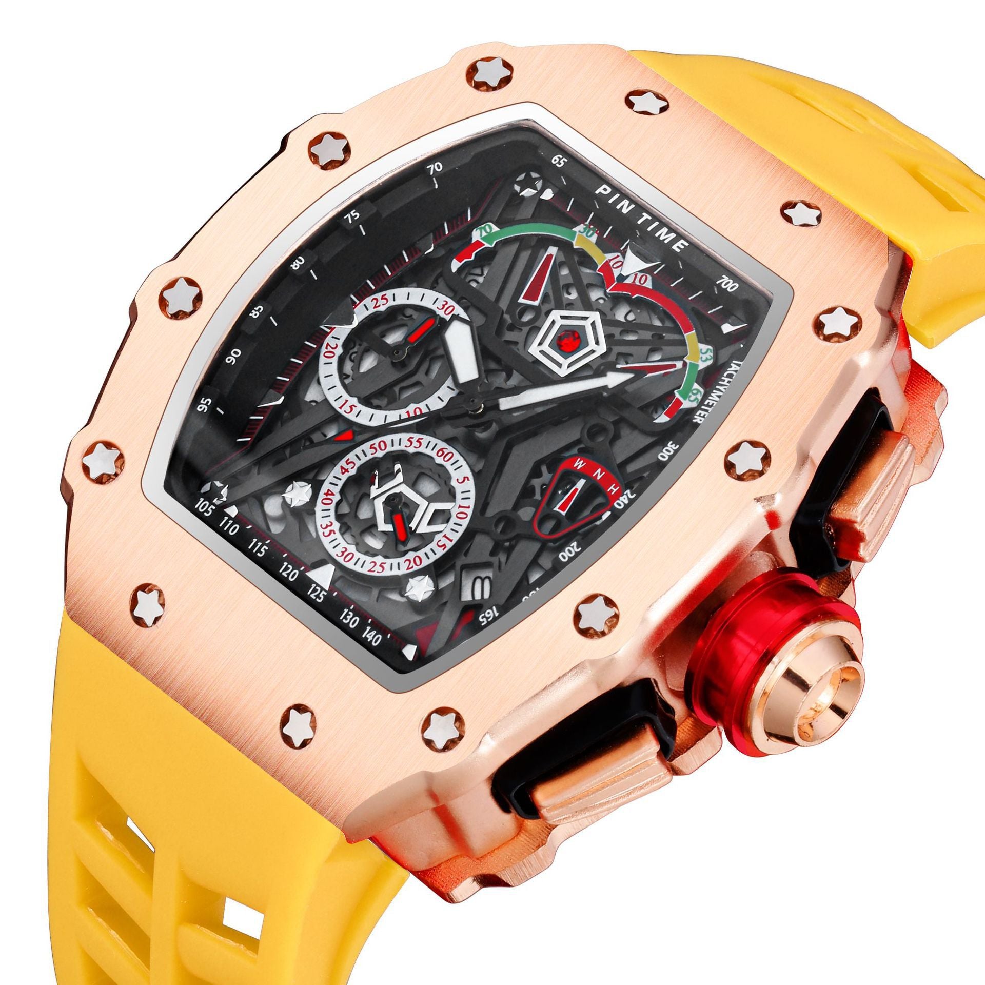 Men's mechanical-style open-work wristwatch