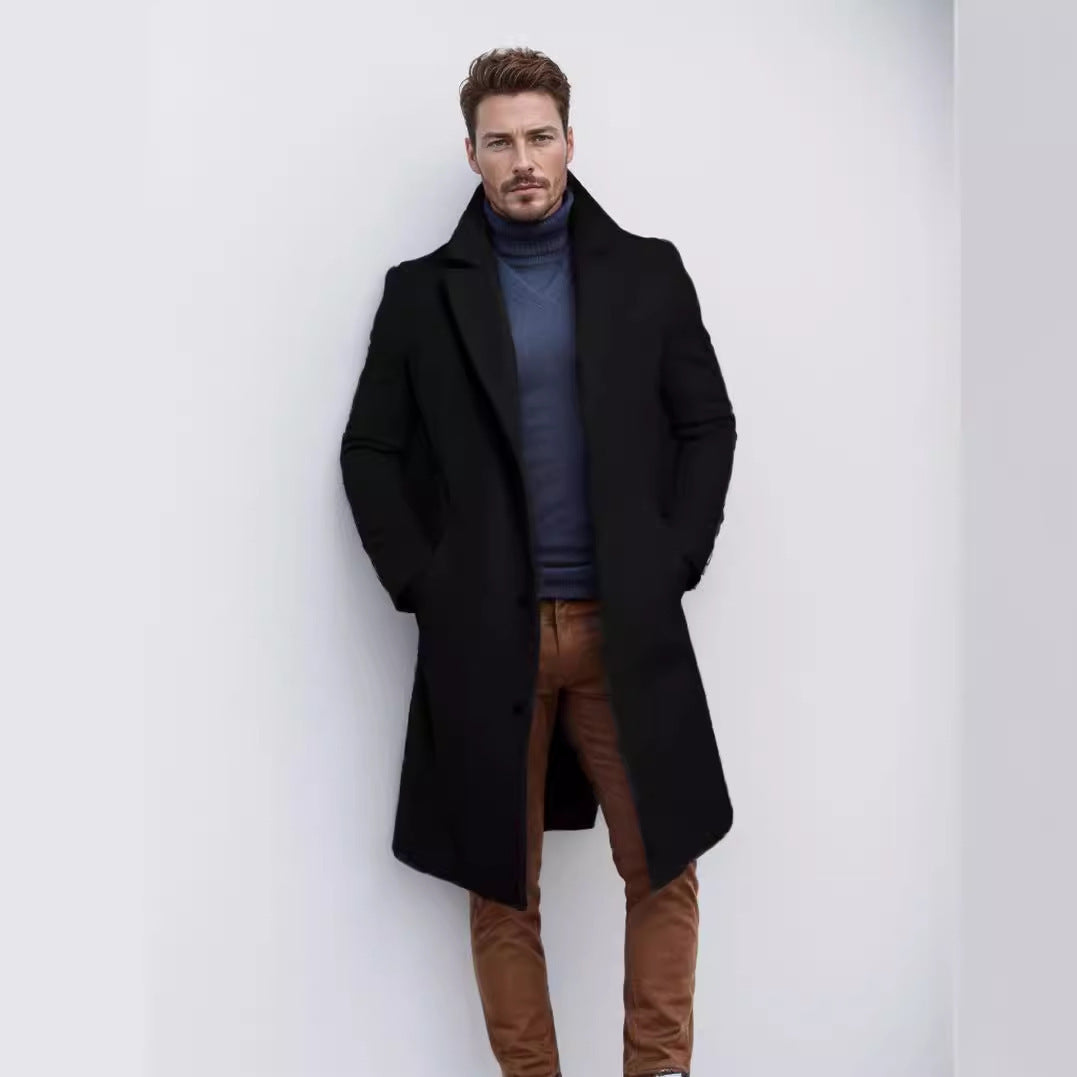 Men's Mid-Length Solid Color Windbreaker Coat