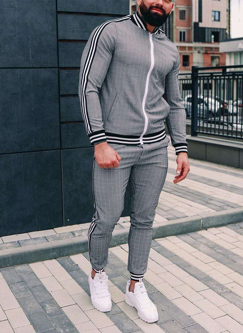 Men's Plaid Zipper Jacket and Pants Casual Sport Suit